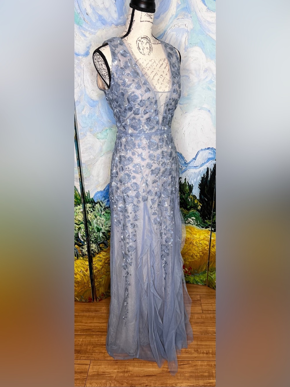 Whimsical, triple layered, violet/blue floral embellished, evening gown. - Picture 4 of 11